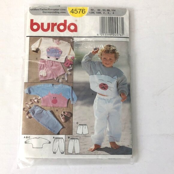 Burda Sewing Pattern Sweatshirt Pants Shorts Cat Pig Car 4576 Size 12M 18T 2 3 4 - Picture 1 of 5